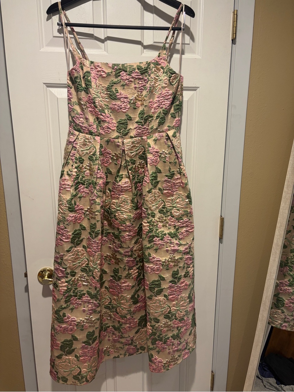 Baltic Born Pink & Green Floral Jacquard Midi Dress with Slim Straps